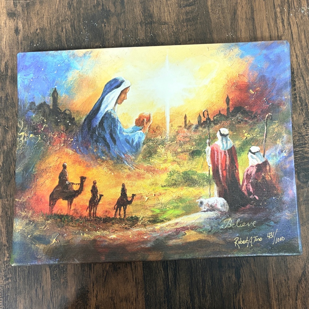 “I Believe” by Robert Tino, Spiritual Journey Canvas Art in Blue and Yellow
